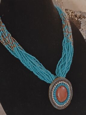 Turquoise Beaded Multi-Strand Necklace with Coral Pendant
